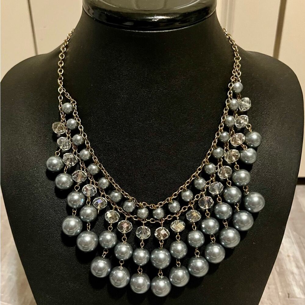 Blue and clear beaded bib necklace